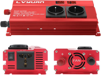 Spannungswandler 12V 230V 1000W/2000W Wechselrichter mit 2 Steckdose und 4 USB LED Spannungsanzeige