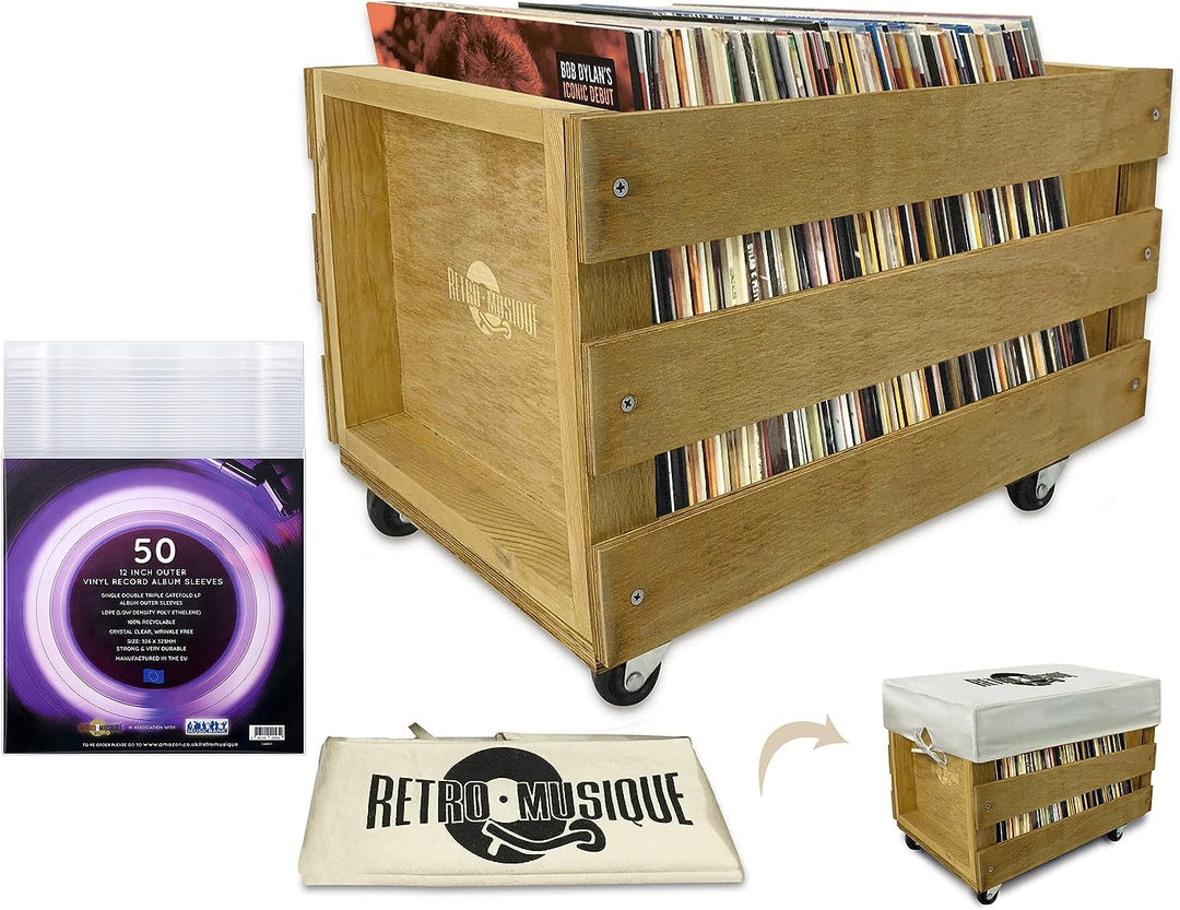 Retro Musique Wooden 12" LP Vinyl Record Aufbewahrungskiste auf Rädern Fasst bis zu 100 Alben (In PV