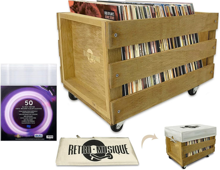 Retro Musique Wooden 12" LP Vinyl Record Aufbewahrungskiste auf Rädern Fasst bis zu 100 Alben (In PV