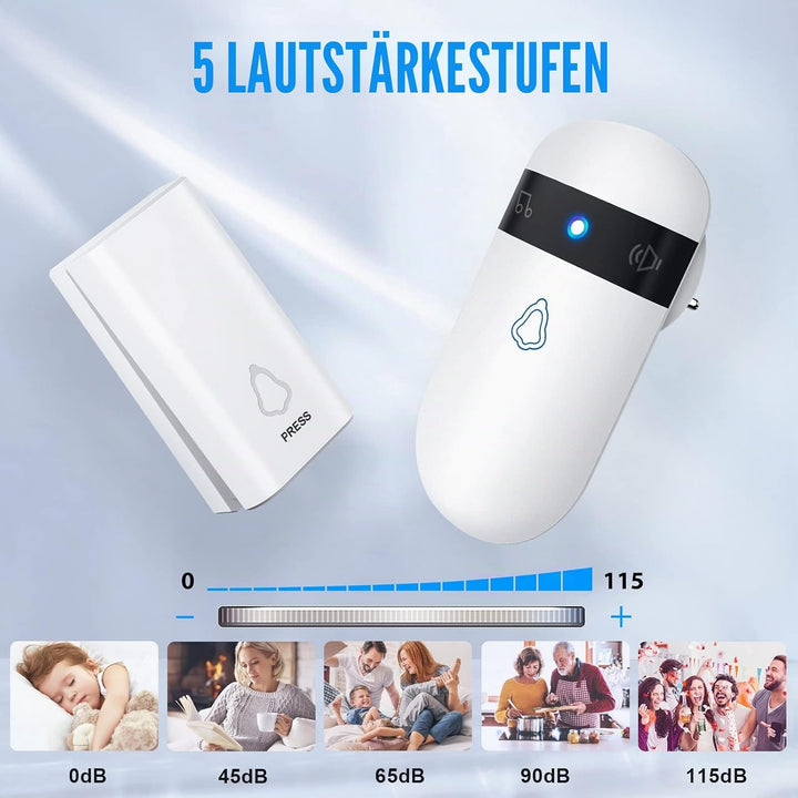 Funkklingel Selbstversorgend ohne Batterie, 350m Reichweite, IP55 Wasserdicht, Türklingel Funk mit 5