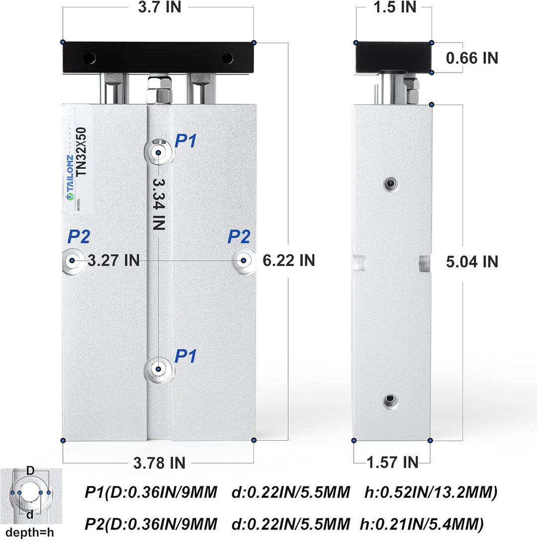 TAILONZ PNEUMATIC 32mm Bohrung 50mm Hub Doppelstange Doppeltwirkend Aluminium Druckluftzylinder TN32