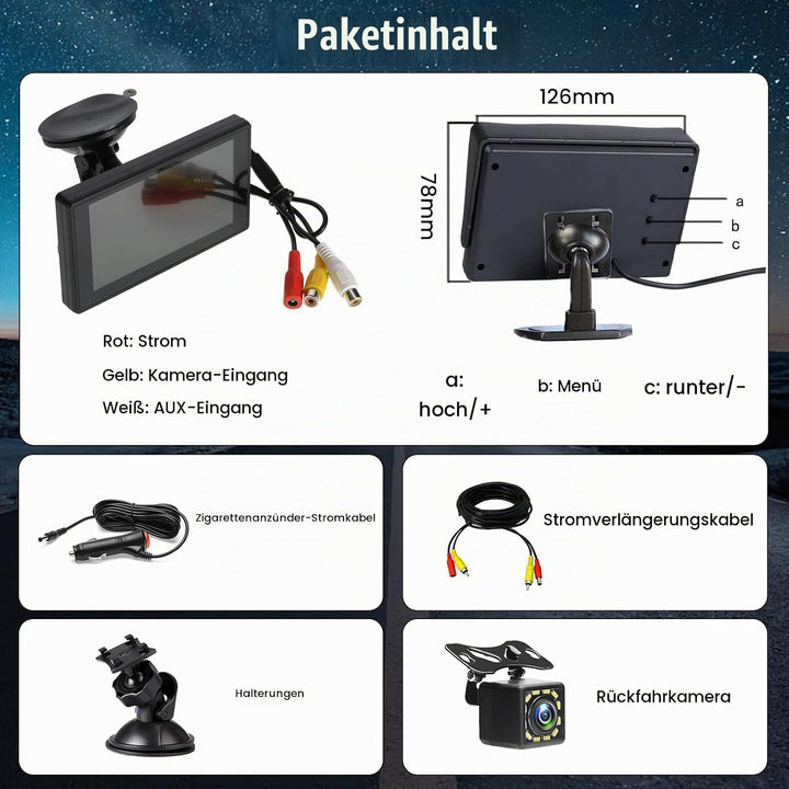 Hikity Rückfahrkamera Auto mit LCD Monitor 4.3 Zoll Rückfahrkamera Kit Nachtsicht IP66 Wasserdicht m