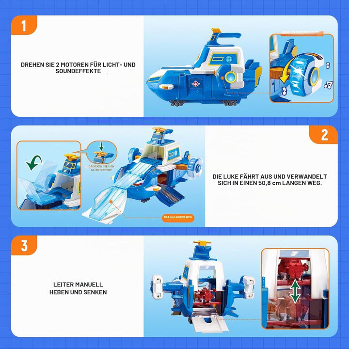 Super Wings Spielset Airport World Aircraft + 2 Spielflugzeug- und Transform-a-Bots-Figuren aus Staf