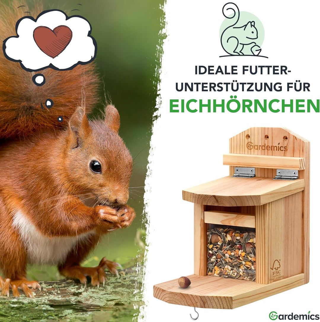 Gardemics Eichhörnchen Futterhaus wetterfest - Stabiles Eichhörnchen Haus aus verschraubtem Holz mit
