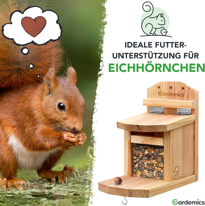 Gardemics Eichhörnchen Futterhaus wetterfest - Stabiles Eichhörnchen Haus aus verschraubtem Holz mit