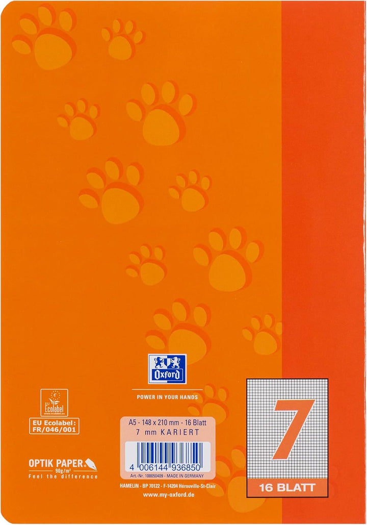 Oxford Schulheft A5, Lineatur 7, 16 Blatt, orange mit Tatzen, 15 Stück (Packung mit 2) 15 Stück 16 B