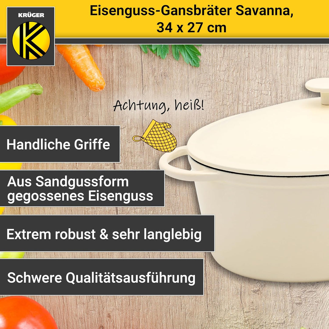 Krüger Gusseisen Gansbräter mit Deckel - emailliert - hohe Hitzebeständigkeit und sehr gute Wärmespe