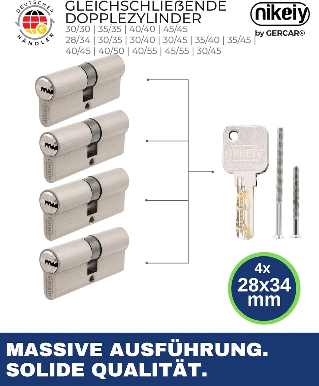 GERCAR Pro Profilzylinder 28/34 Massiver Schliesszylinder gleichschliessend 4er Set Doppelzylinder Z
