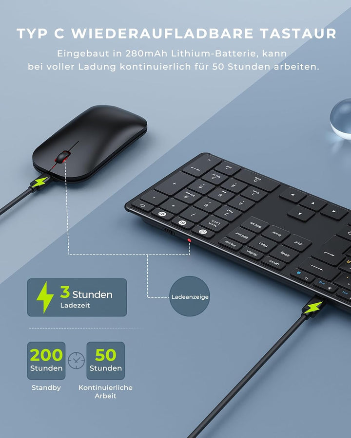 seenda SKM64-3 Bluetooth Tastatur mit Maus, Wiederaufladbare Dualmodus USB & Bluetooth Tastatur aus