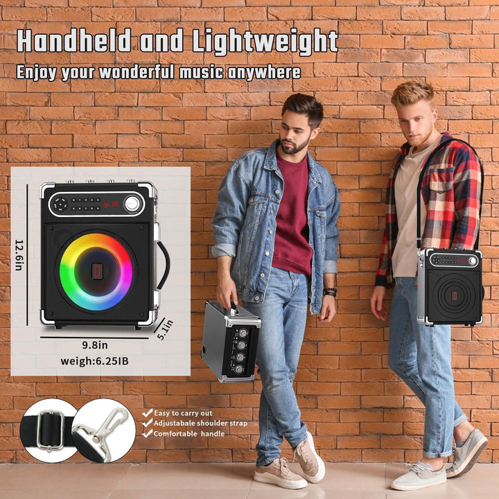 Karaoke Anlage mit 2 Mikrofonen, Tragbarer Kabelloser Lautsprecher Party Musik Box mit LED-Leuchten,