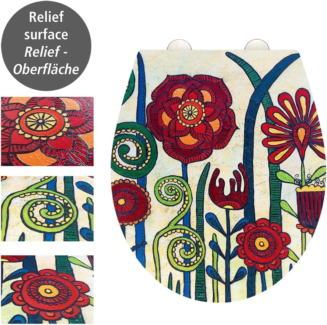 WENKO WC-Sitz Red Blossom, bunter Rollin'Art Toilettensitz, Relief Oberfläche, hygienische Schnellbe