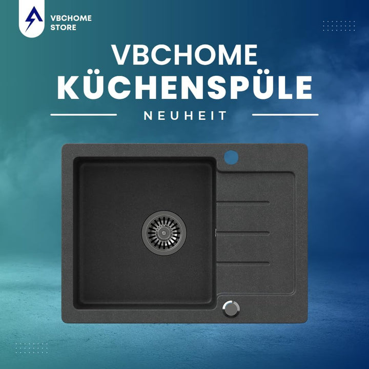 VBChome Spülbecken Schwarz mit Armatur 60 x 44 cm Granit Einzelbecken Einbauspüle gesprenkelt revers