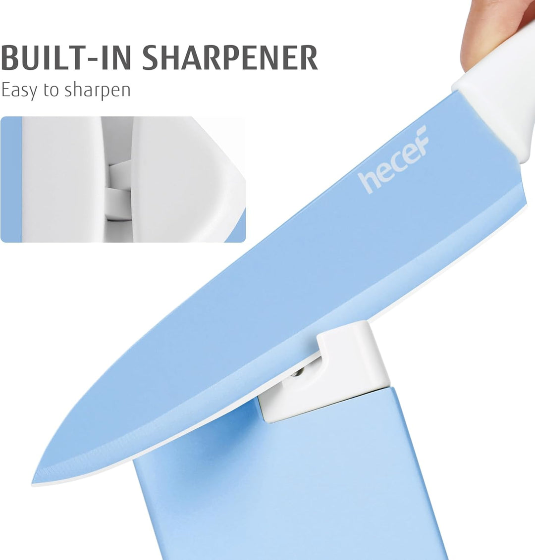 hecef 14-teilig Messerblock mit Messer, Blau, Antihaft-Beschichtung – Spülmaschinenfest, Messerblock