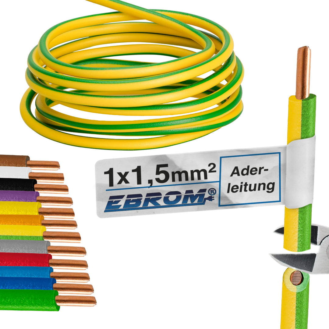 EBROM Aderleitung Einzelader starr H07V-U 1,5 mm² - Farbe: grün gelb, 20 m | von 10 bis 100 m bestel