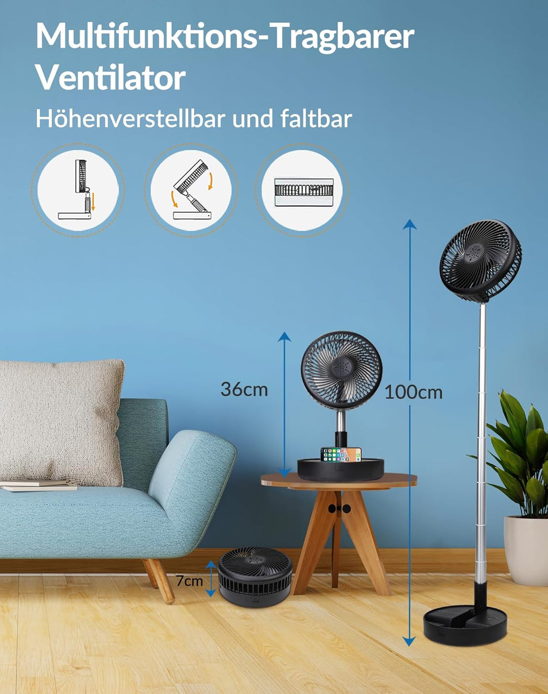 Primevolve Batteriebetriebener Ventilator, Tragbarer wiederaufladbarer USB-Stand-, Tisch- und Schrei