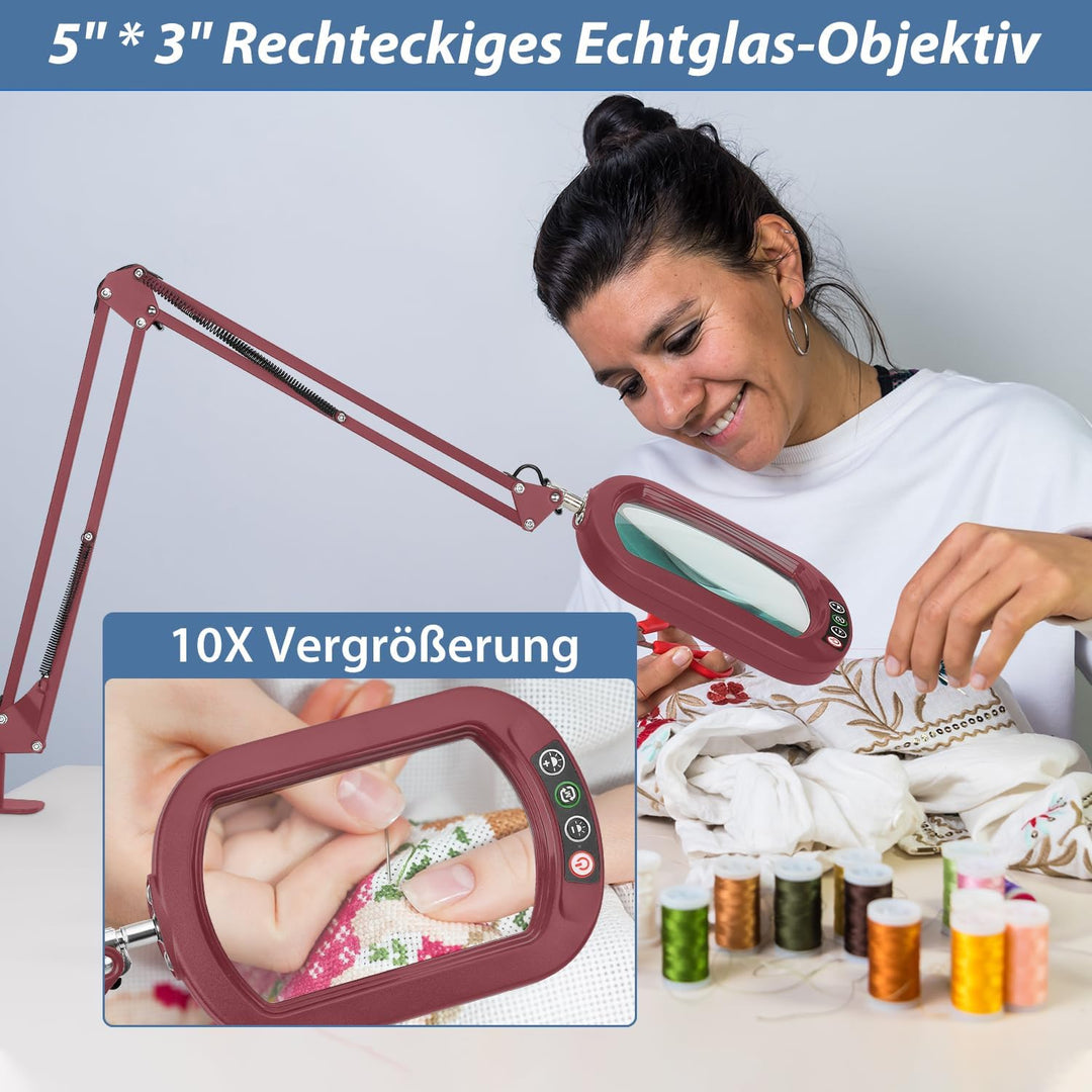 Veemagni 10X Echtes Glas Rechteckige Lupe mit Licht und Klemme, 5 Farbmodi Stufenlos Dimmen, 2 * 16