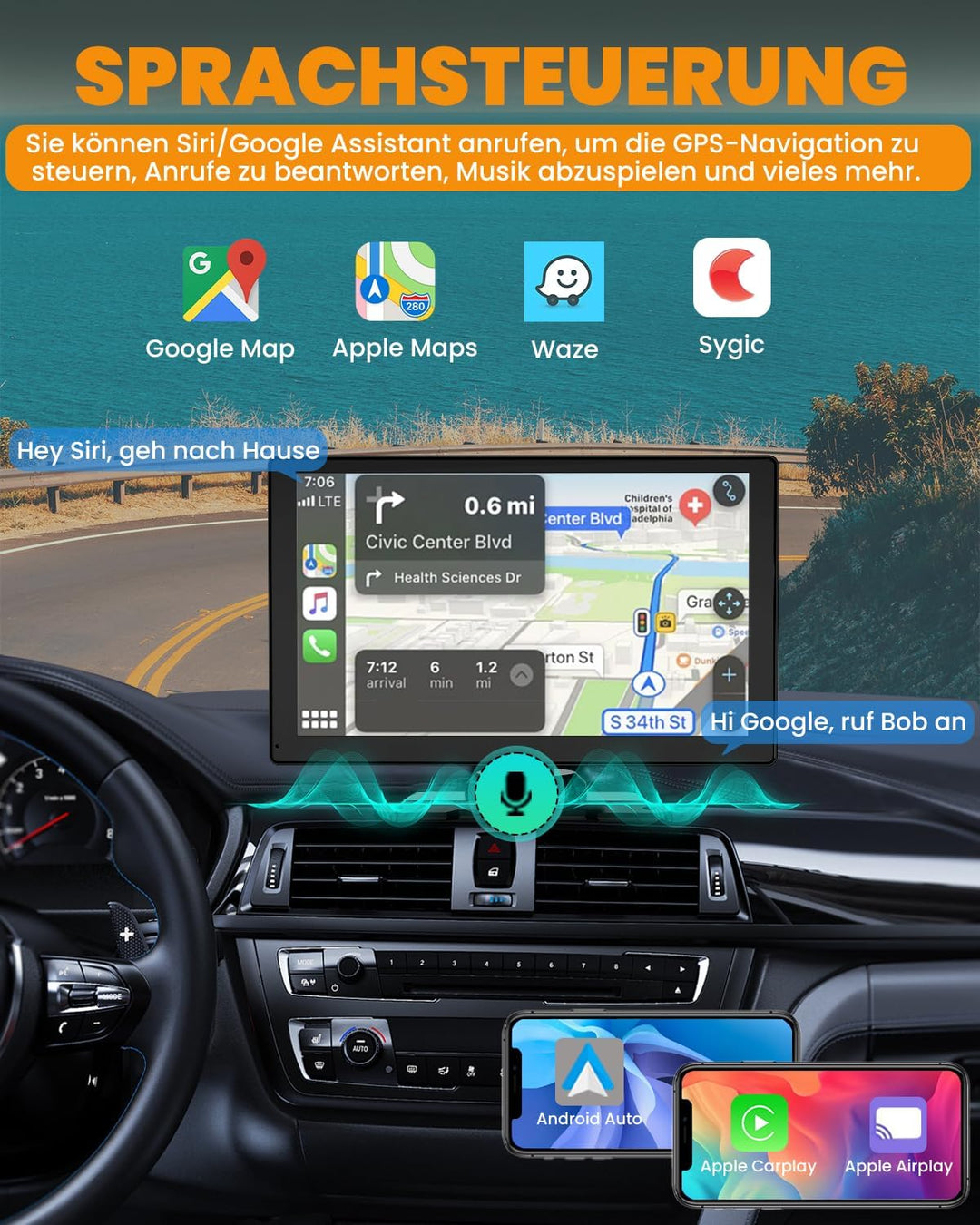 Carplay Display, 9" Apple carplay, Android Auto Display mit 1080P HD Rückfahrkamera & Frontkamera, G