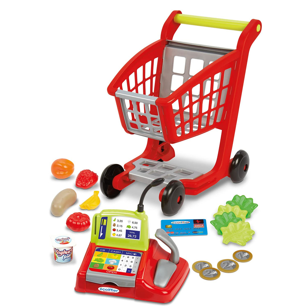 Ecoiffier Spielzeug - 1219 - Einkaufskorb für Kinder + Registrierkasse + Zubehör - 100% Chef - Ab 18