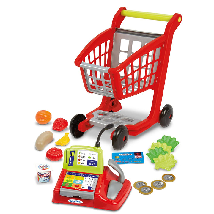 Ecoiffier Spielzeug - 1219 - Einkaufskorb für Kinder + Registrierkasse + Zubehör - 100% Chef - Ab 18