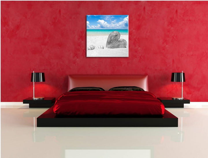 Pixxprint Weisser Sandstrand mit Muscheln Schwarz/Weiss, Format: 70x70 auf Leinwand, 70x70