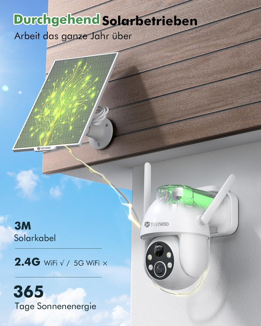 YESYAMO 2K 3MP Überwachungskamera Aussen Solar, 360° PTZ Kamera Aussen Akku | 2.4GHz Kabellos Überwa