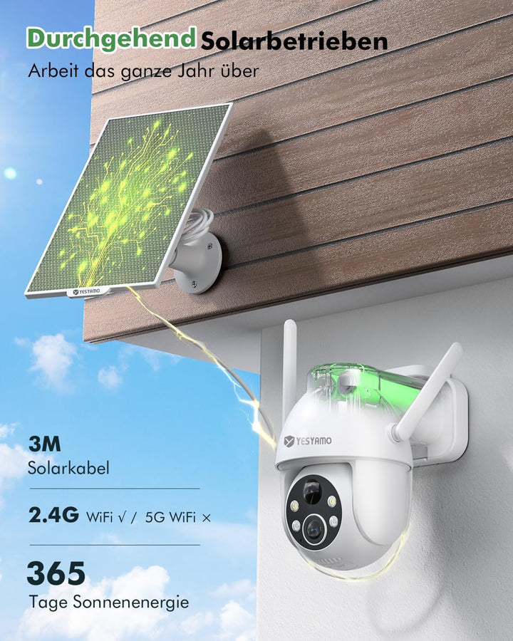 YESYAMO 2K 3MP Überwachungskamera Aussen Solar, 360° PTZ Kamera Aussen Akku | 2.4GHz Kabellos Überwa