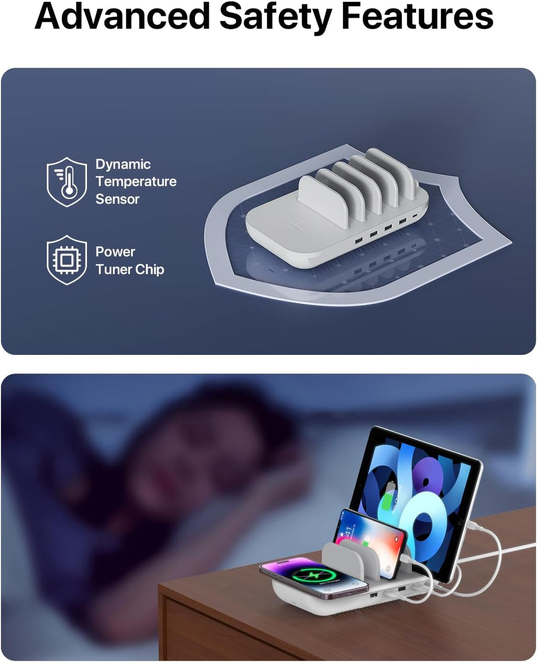 SooPii 70W Ladestation für mehrere Geräte, 5 Port Ladestation mit 15W Wireless Charger, 25W USB C PD