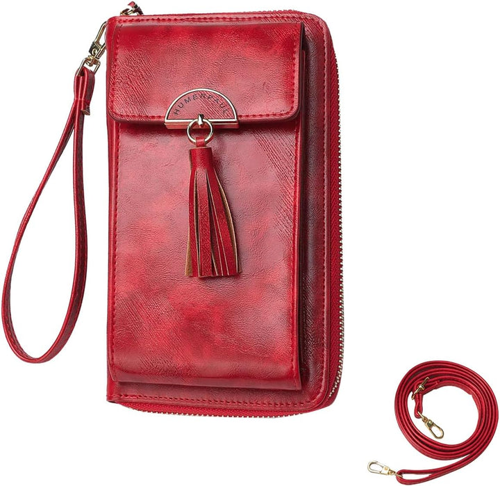 PORRASSO Geldbörse Damen Umhängetasche Portemonnaie Leder Geldbeutel Wristlet Bag mit Viele Fächer M