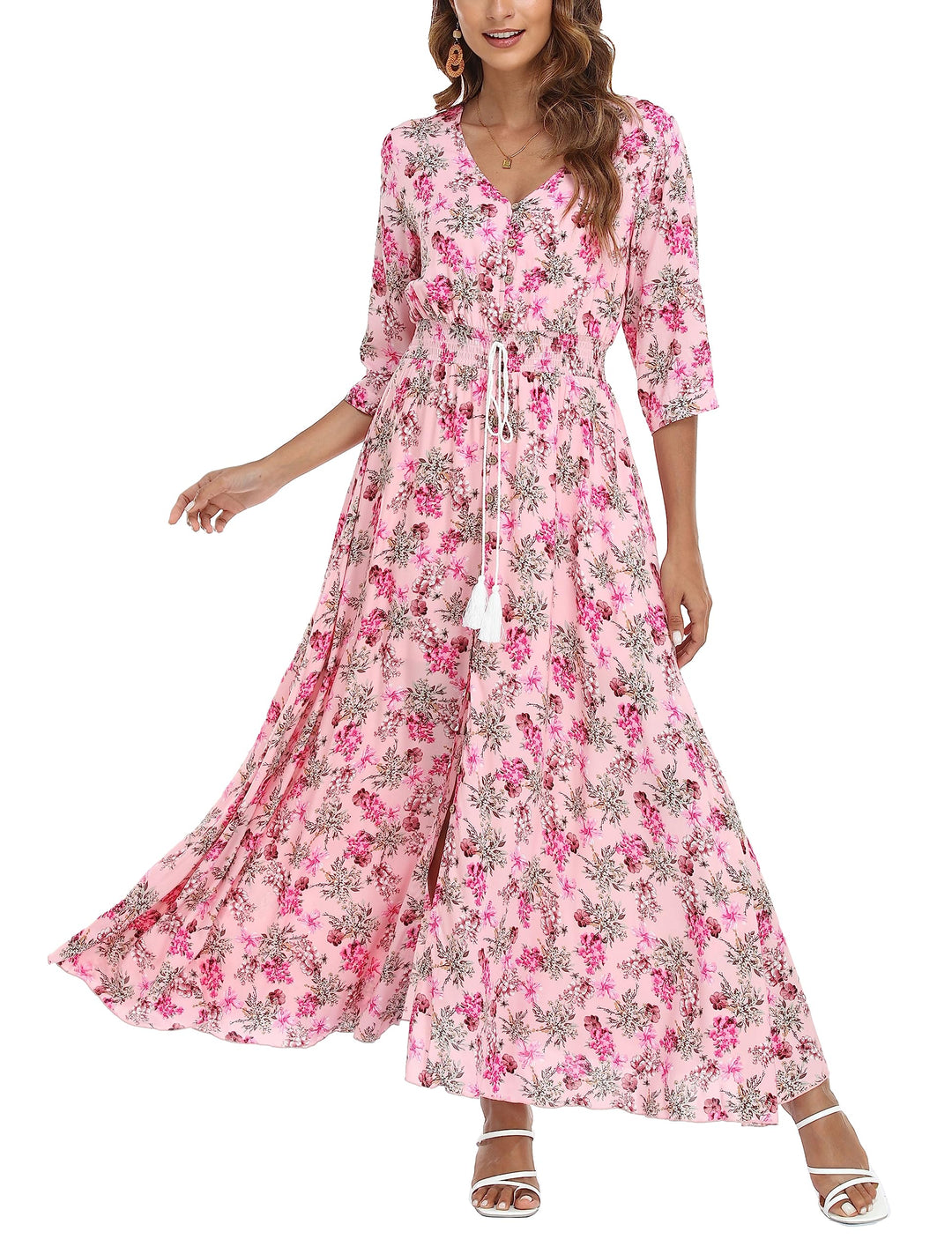 VOGMATE Damen Lange Split Knopf Up Sommer Maxikleid Floral Strandwear Holidy Kleid Hohe Taille mit k