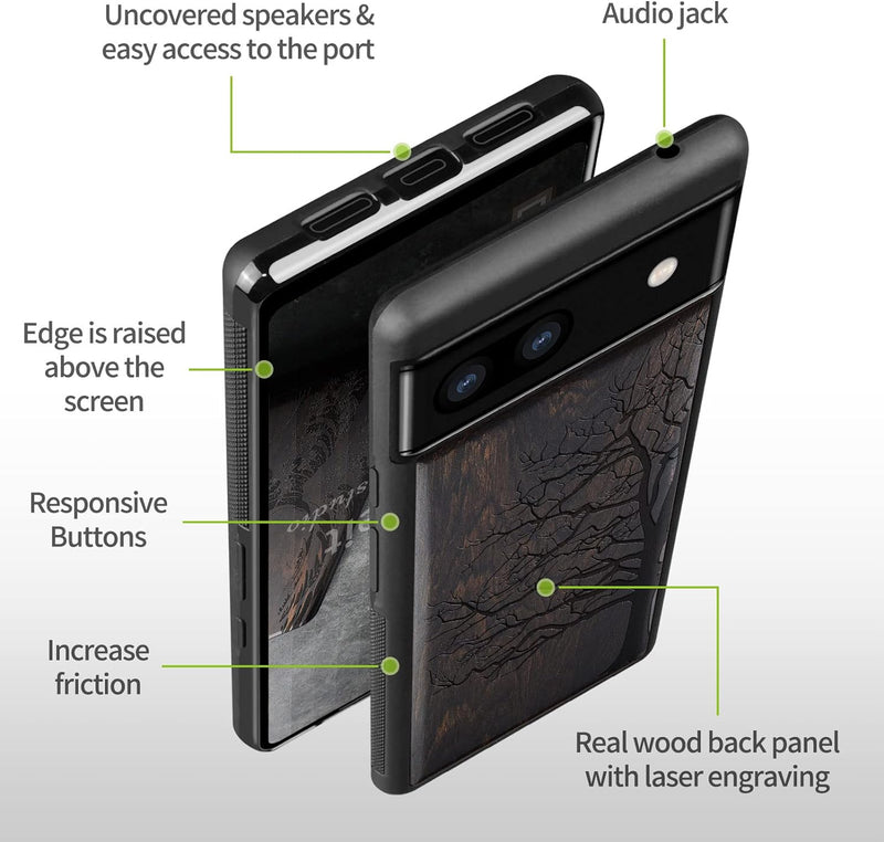 Carveit Hülle für Pixel 6a Case [Holz und TPU Silikon Hybrid Handyhülle] Stossfeste Stossstange hand