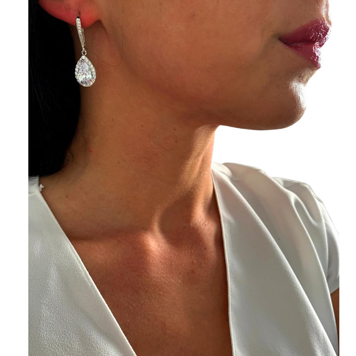 ONDEGO® Zirkonia SILBER Tropfen Strass Ohrringe Glitzer Ohrhänger Schmuck Creolen lang Geschenk XXL