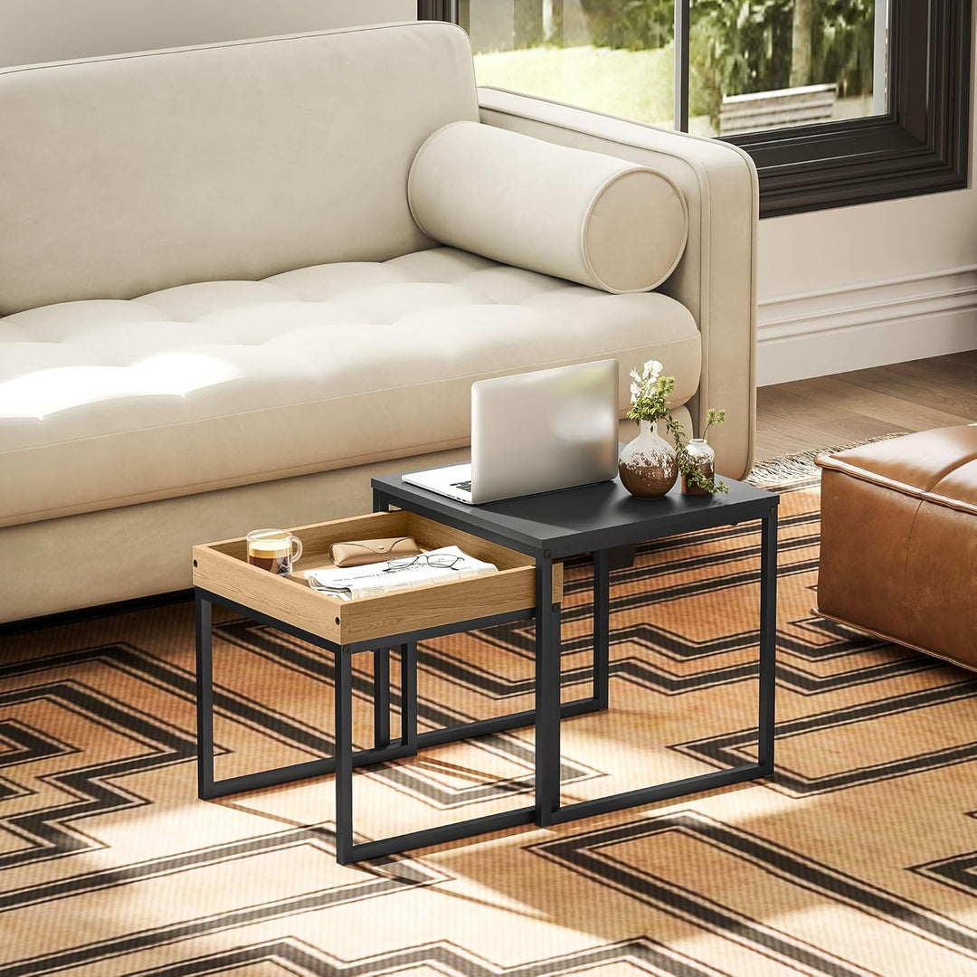HOMCOM Couchtisch 2er Set Satztisch Quadratischer Beistelltisch mit Abnehmbarem Tablett, Stahlgestel