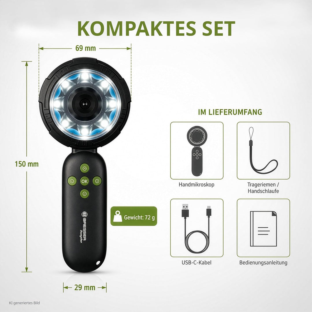 Bresser Digitales Handmikroskop für Kinder & Eltern 10× optisch/bis 40× digital, 8 dimmbare LEDs, Fo