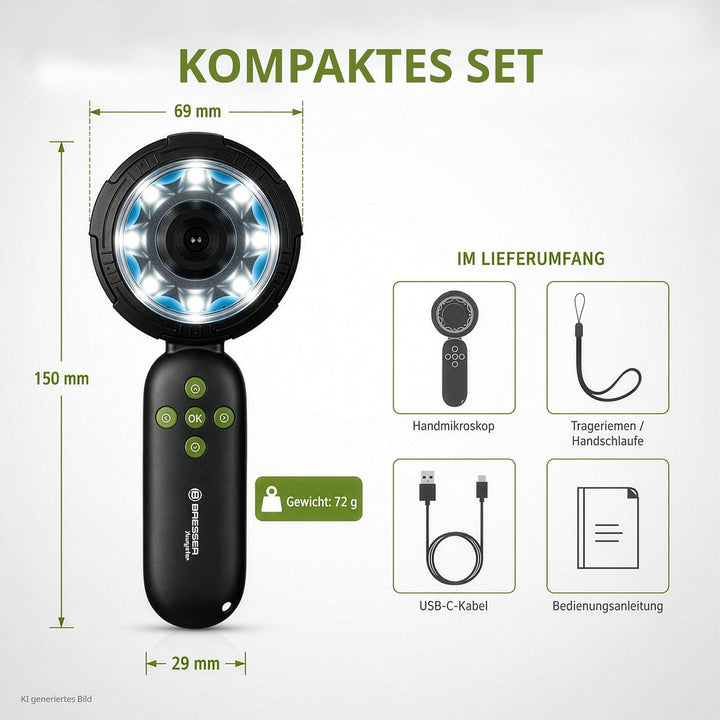 Bresser Digitales Handmikroskop für Kinder & Eltern 10× optisch/bis 40× digital, 8 dimmbare LEDs, Fo