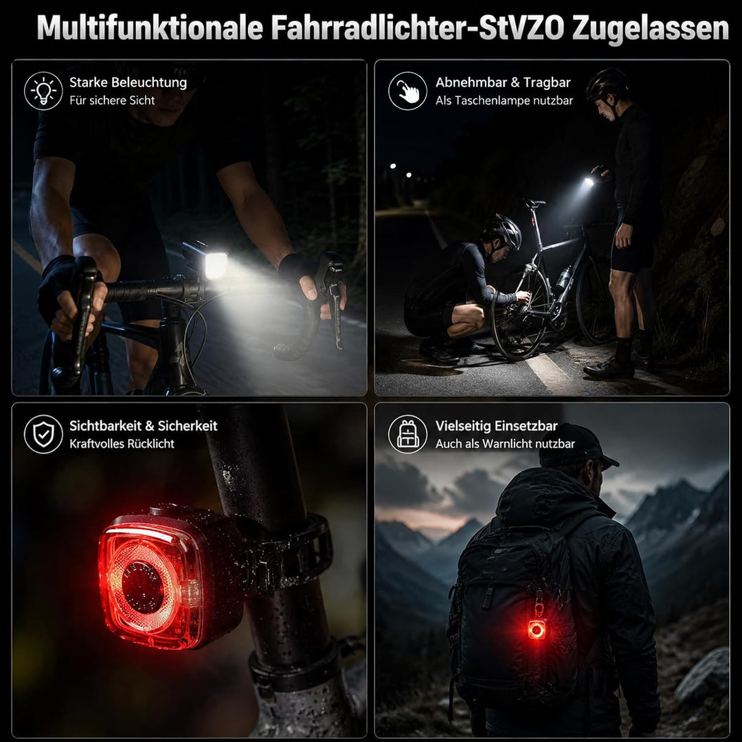 LED Fahrradlicht Set StVZO 100 Lux, USB C Wiederaufladbar Fahrradlampe Vorne und Rücklicht, 2000mAh