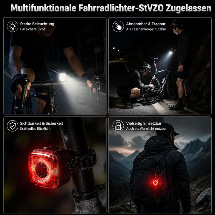 LED Fahrradlicht Set StVZO 100 Lux, USB C Wiederaufladbar Fahrradlampe Vorne und Rücklicht, 2000mAh