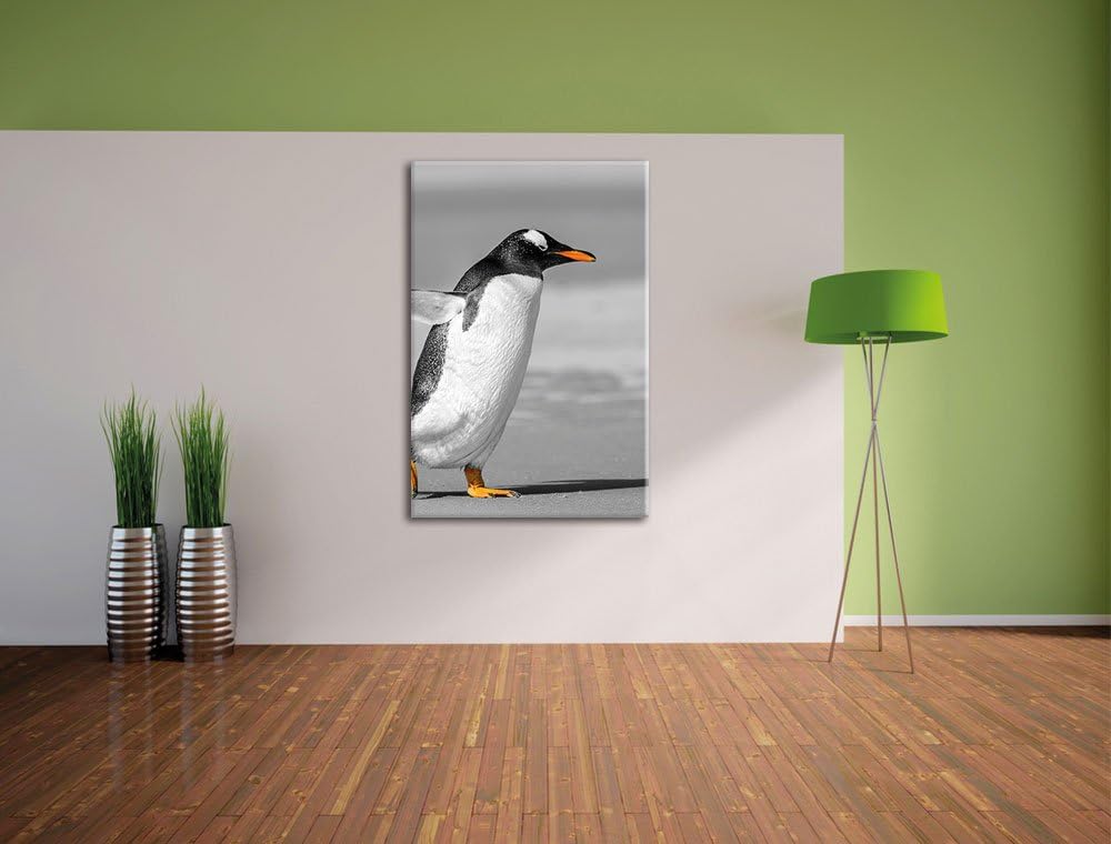 watschelnder Pinguin am Strand schwarz/weiss, Format: 80x120 auf hochkantiges Leinwand, XXL riesige