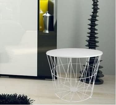 PrimoLiving Design Beistelltisch Weiss mit Deckel - Metall Drahtkorb mit Holzdeckel "Diagonal" P-840