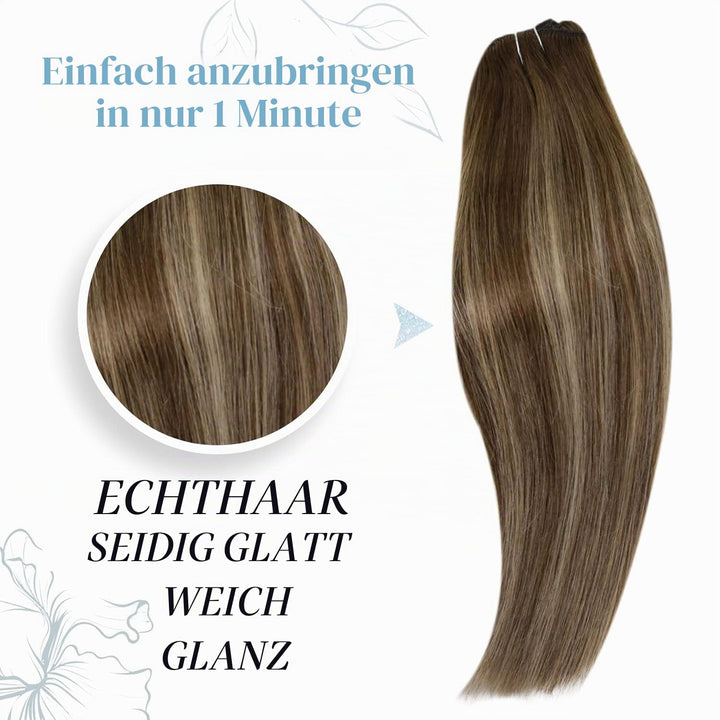 RUNATURE Clip in Extensions Echthaar Balayage Braun 30cm Gerade Echthaar Extensions Clip Braun Ombre