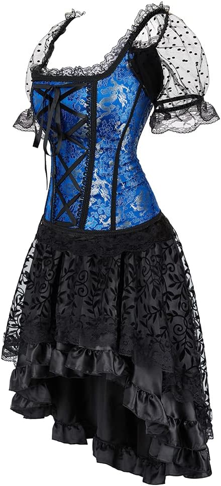 Grebrafan Damen Vollbrust Corsage Bluse Shirt mit Asymmetrischer Rock Tüll Tutu 28-30 Blau, 28-30 Bl