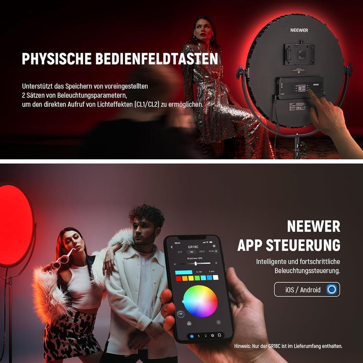 NEEWER 18" RGB Rundes LED Panel Videolicht mit APP Steuerung, Fotolicht 65W 6000Lux/0,5m 2500K-8500K