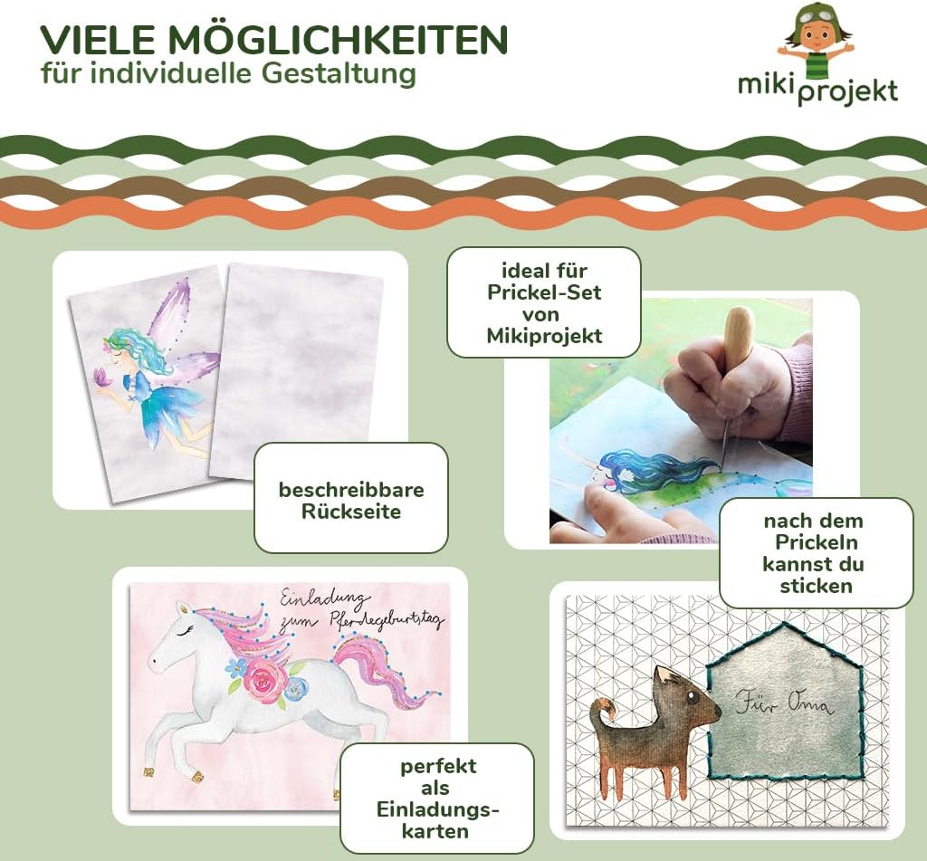 mikiprojekt® Prickelbilder Premiumqualität, Naturkarton - ab 4 Jahren mit Garn - Ausnähkarten – made