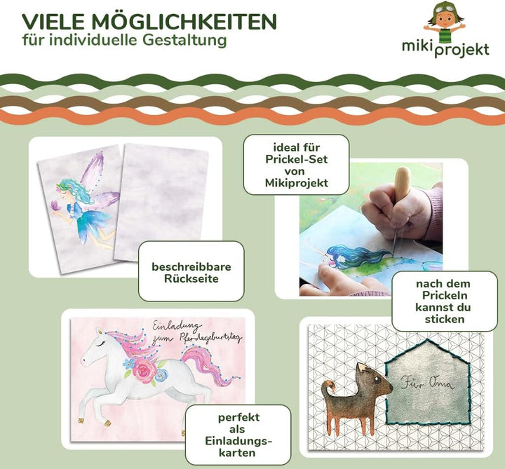 mikiprojekt® Prickelbilder Premiumqualität, Naturkarton - ab 4 Jahren mit Garn - Ausnähkarten – made