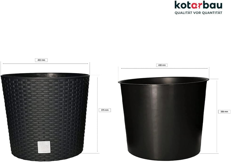 KOTARBAU® Blumentopf Ø 400x375mm Rattandesign Rund mit Innentopf Anthrazit, 400x375mm