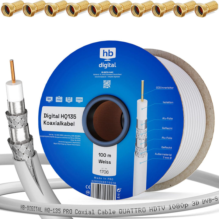 HB-DIGITAL 100m Koaxialkabel HQ-135 Antennenkabel 135dB SAT Kabel 8K 4K UHD 4-Fach geschirmt für DVB