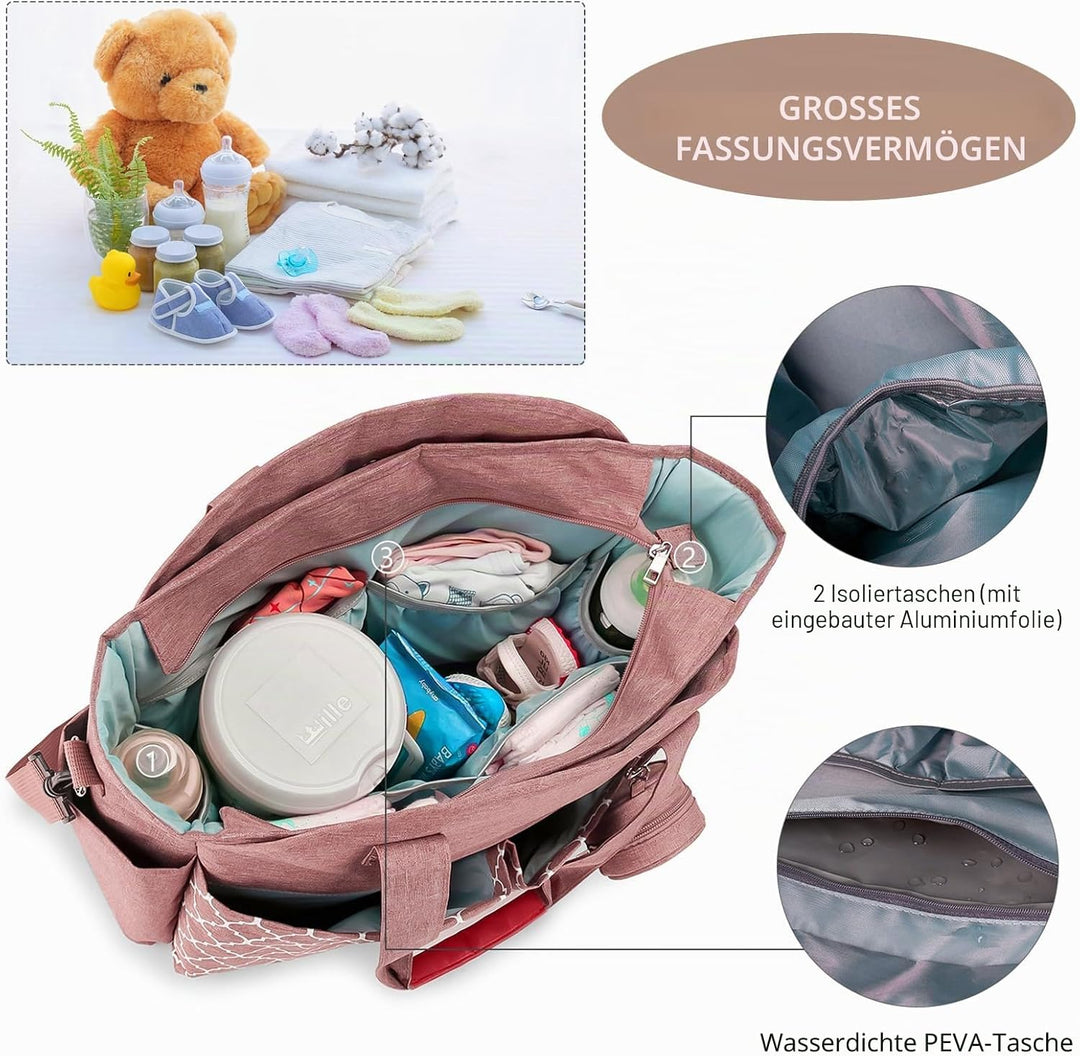 Wickeltasche Baby Gross, 13 Fächer Kinderwagen Windeltasche, Wasserabweisende Babytasche mit Schnull