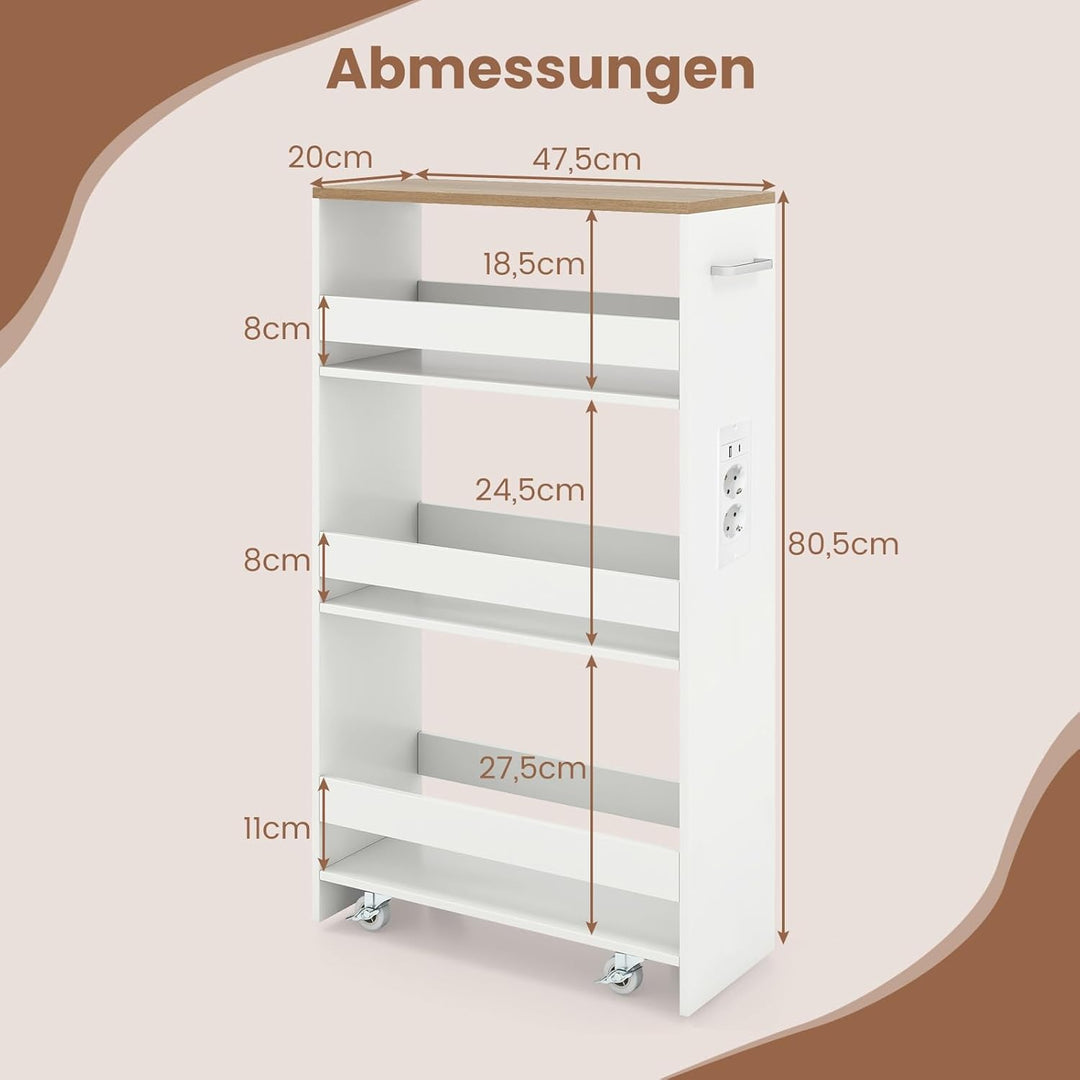 COSTWAY Nischenwagen 20cm breit, 4 Etagen Küchenwagen schmal mit Ladestation, Nischenregal auf Rolle