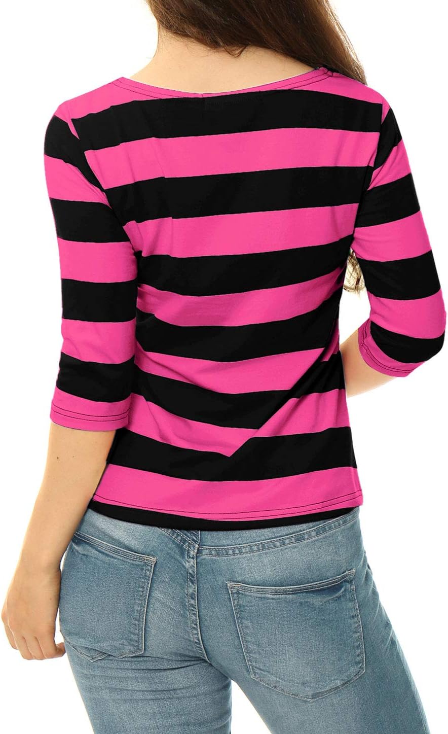 Allegra K Damen Gestreiftes Shirt U Boot Ausschnitt Halbarm Party Ferien Streifen Top Bluse S Fuchsi