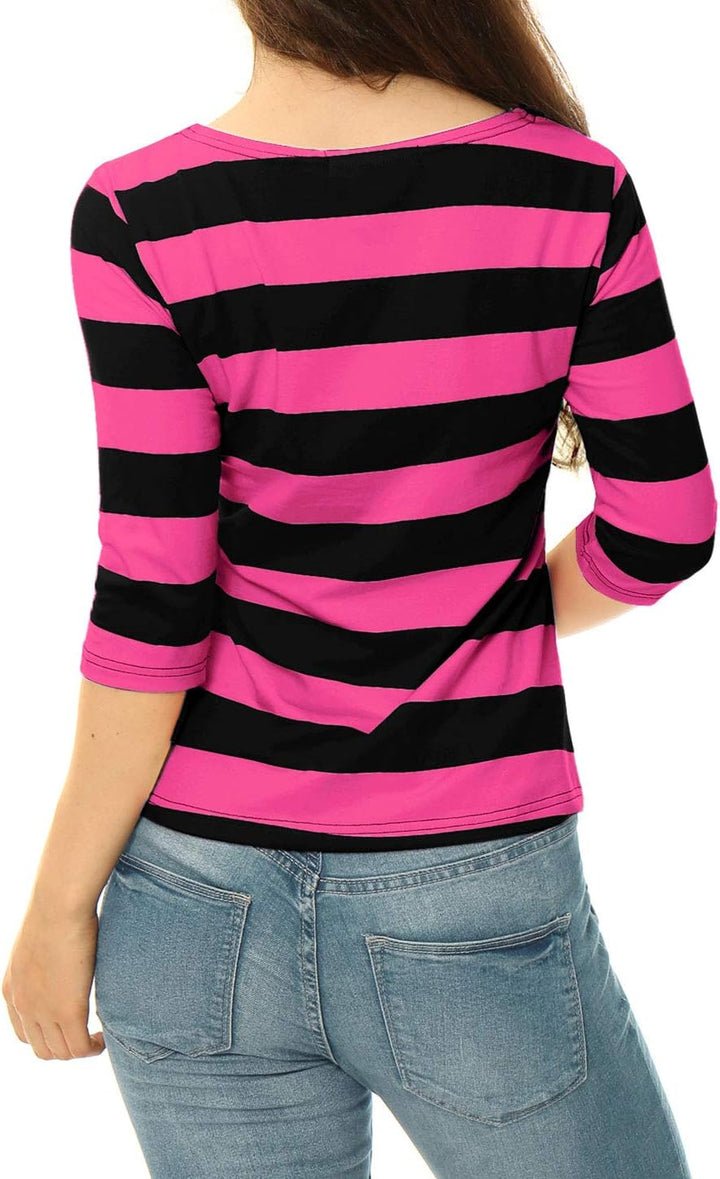 Allegra K Damen Gestreiftes Shirt U Boot Ausschnitt Halbarm Party Ferien Streifen Top Bluse S Fuchsi