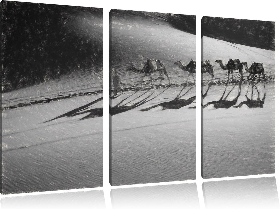 Pixxprint Kamelkarawane in Wüste als Leinwandbild/Grösse: 3 Teilig (120x80) cm/Wandbild/Kunstdruck/f